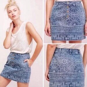 Free People School Daze Tribal Denim Mini Button Fly Skirt